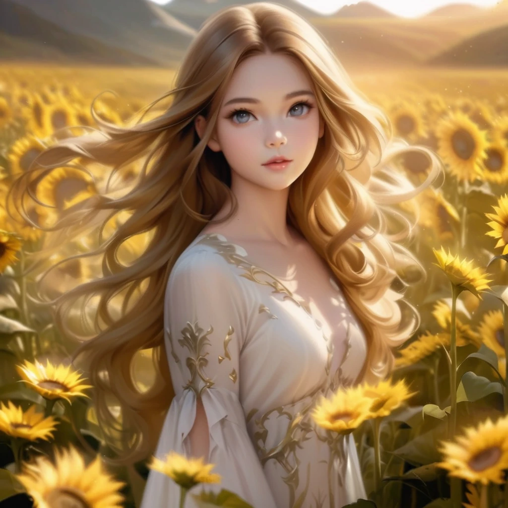 Long-haired woman standing in a field of yellow sunflowers, Fairy beautiful sunflower anime girl, Beautiful digital artwork, Beautiful digital art, Cute and intricate digital art, Cute digital art, Beautiful and amazing digital art, Realistic cute girl drawing, Gorgeous digital painting, Beautiful and realistic photos, Beautiful fantasy art portraits,