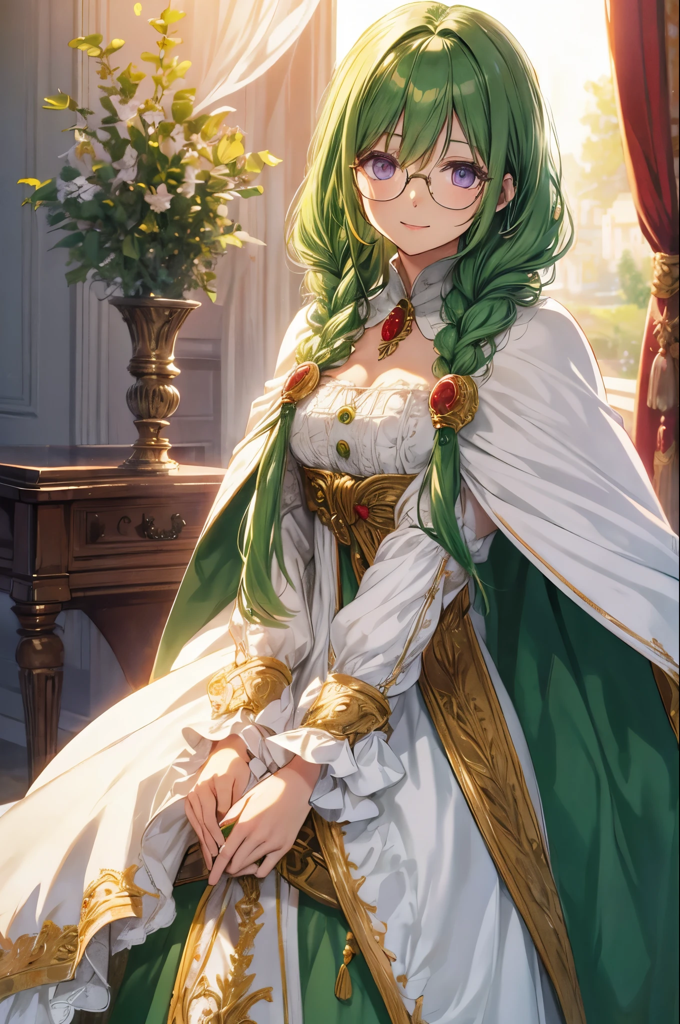 philia,green hair,twin braids, hair ornament, glasses, jewelry, brooch,white dress,cape,light smile,masterpiece,Noise Reduction,perfect anatomy,high resolution, ultra-detailed,game cg,dutch angle ,beautiful detailed eyes,visualart,five fingers, perfect hands, perfect lighting,