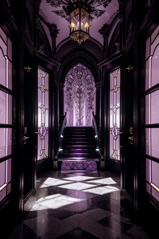 Illuminating the black jungle with white castles, lilac floral madness, violets and yellows, a gloomy room, glamorous and ostentatious in a gothic castle, the door of death, magnicas escaleras goticas, rosered