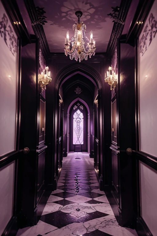 Illuminating the black jungle with white castles, lilac floral madness, violets and yellows, a gloomy room, glamorous and ostentatious in a gothic castle, the door of death, magnicas escaleras goticas, rosered