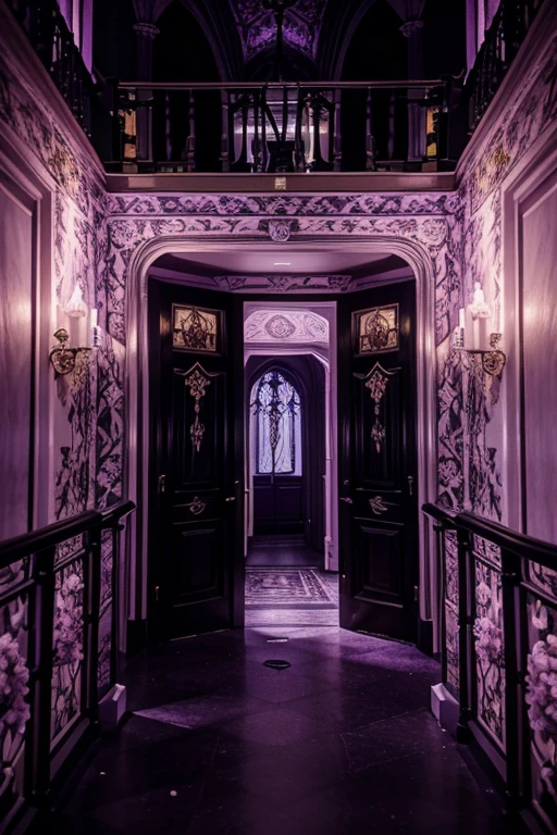 Illuminating the black jungle with white castles, lilac floral madness, violets and yellows, a gloomy room, glamorous and ostentatious in a gothic castle, the door of death, magnicas escaleras goticas, rosered
