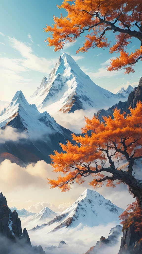 dreamlike art,hoang lap,A high resolution,tmasterpiece,icecreen,best qualityer,autumnal,tree branch,foliage,the fruits,amarelo,o cachorrinuntains in autumn,ln the forest,Mare,Skysky,cloudountain peaks,