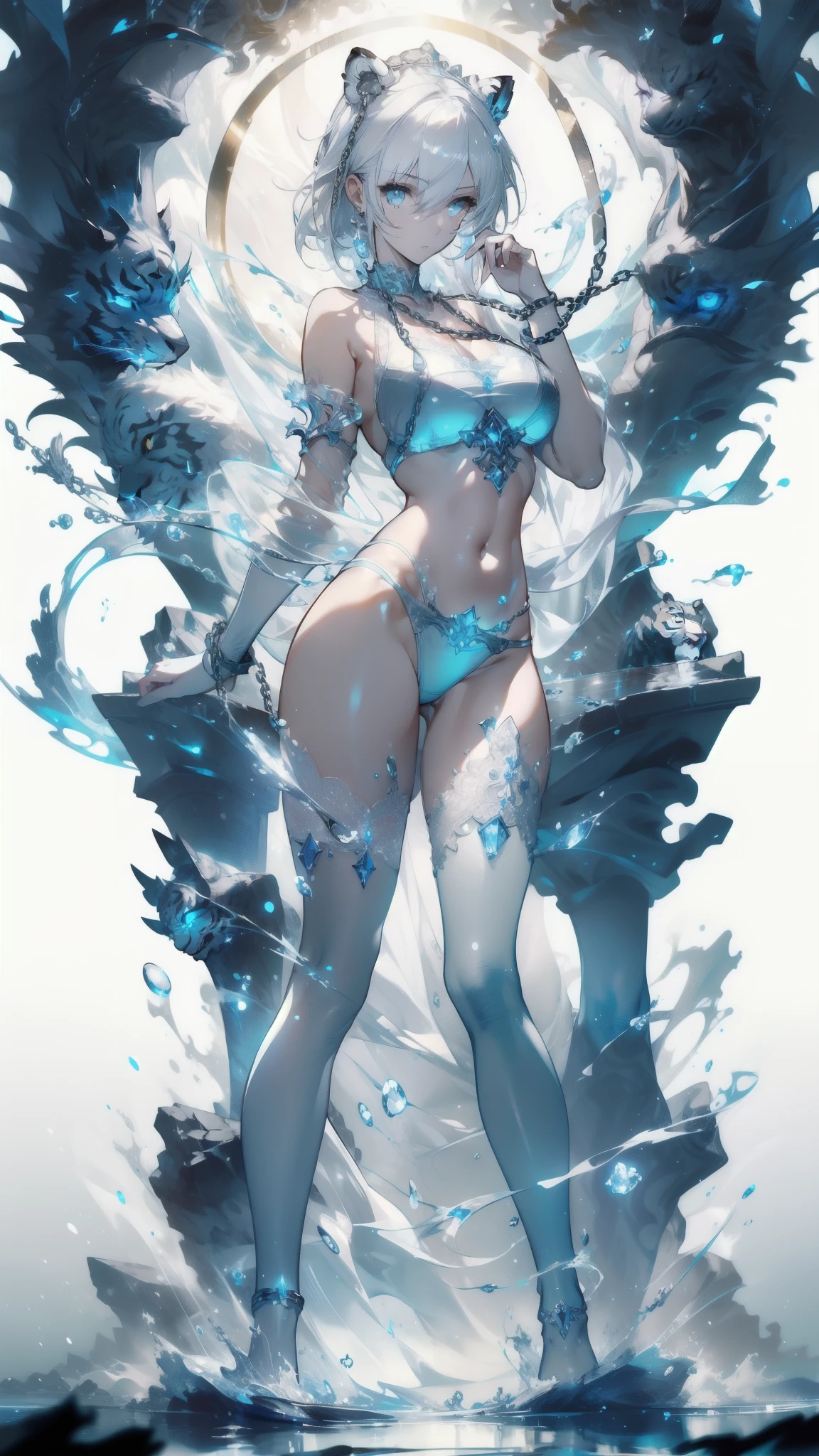 ((masterpiece, best quality)), Epic battlefield atmosphere,Delicate face,Beast King,White Tiger,whole body,Standing picture,Glowing white eyes,Large Breasts,Perfect body proportions,Pure white background,firefly,Water Ripples,Lace,transparent sexy bikini,Tattoo,chain