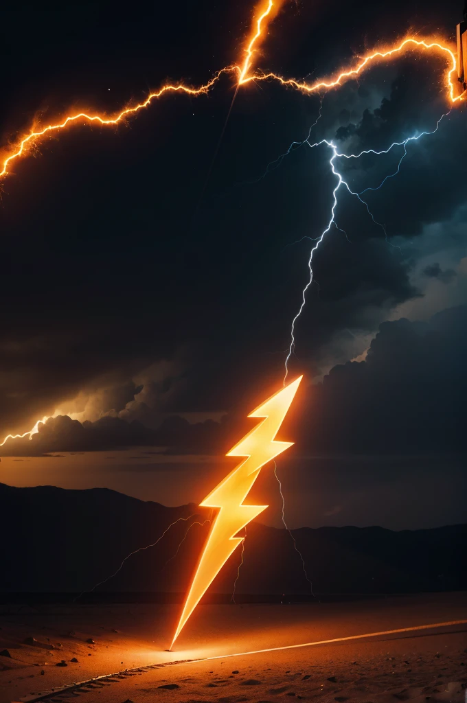 Create the letter F in the shape of an orange lightning bolt, super verbose, with shadow effects on the beam, no back ground, 8K, super realistico