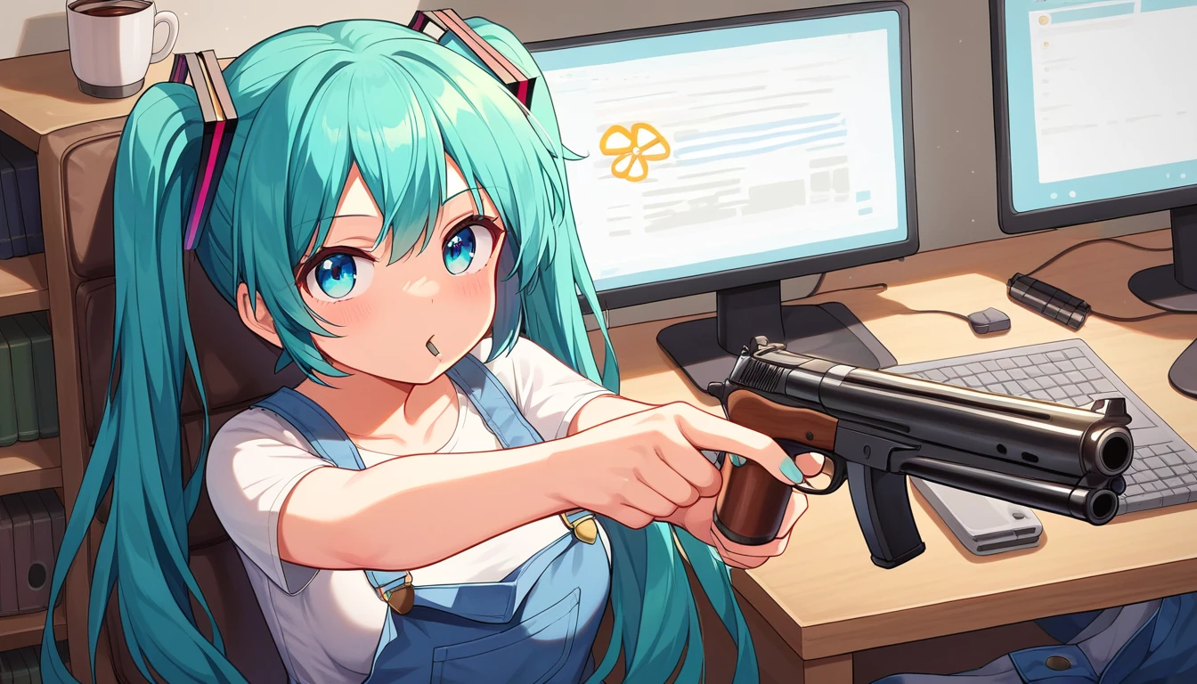 ((1girls:1.3)), ((moe style:1.3)), ((overalls:1.3)), ((computer shop:1.3)), ((gun:1.3)), ((pointing gun:1.3)), ((shotgun:1.3)), ((drinking coffee:1.3)), hatsune miku, thinking, ((perfect face)), ((extremely cute:1.3)), ((masterpiece:1.3)), ((8k)), ((best quality:1.3)), ((beautiful)), ((extremely detailed:1.3)) , ((absurdres)), AddXL, ((score_9:1.3)), ((score_8_up:1.3)), ((score_7_up:1.3)), Expressiveh  
