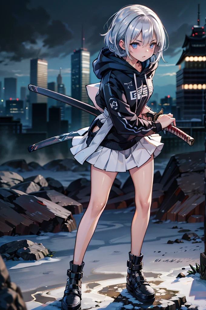 (masterpiece), (best quality), (ultra detailed), (high res 8K), 1 girl, late teenage, standing, contrappost, full body, low angle, hoody, mini-skirt,((katana)), short hair, silver hair, serious, looking away, cityscape in Tokyo, night, rim lighting, high contrast, professional lighting, stunning face, symmetrical clear eyes, detailed eyes and face,(near future)