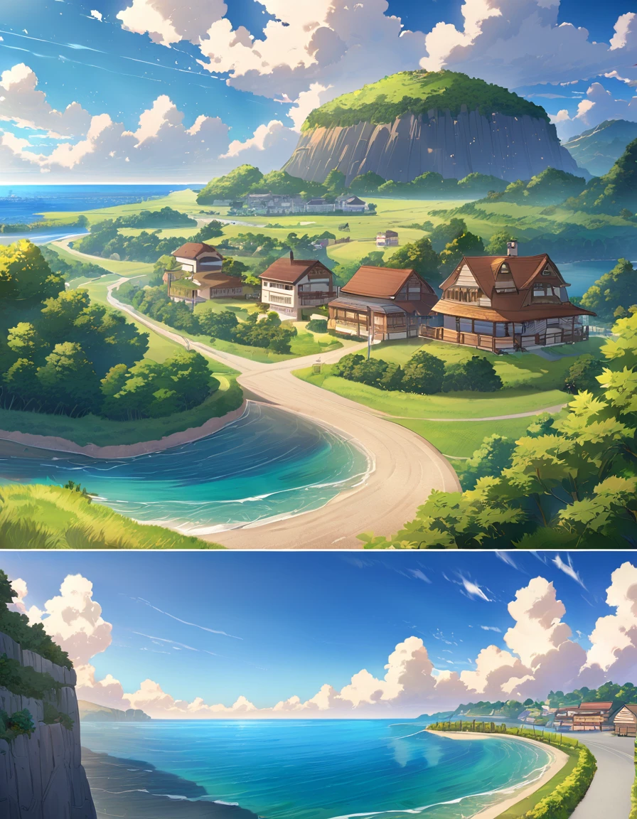 There is a picture of a road leading to a beach., summer street near a beach, road to the sea, Landscape painting, Anime Scenery, beautiful Anime Scenery, Anime Concept HDR Anime McManus, Anime scenery, Anime countryside landscape, Anime Scenery concept art, Anime Background Art, Beautiful peaceful scene in anime, Beautiful anime scene, Detailed Landscape — Width 672