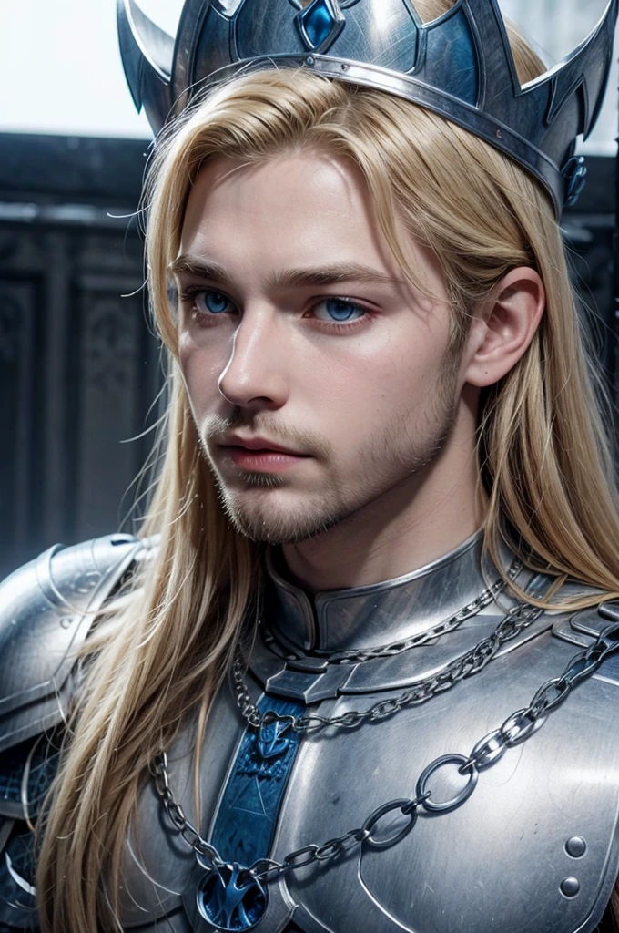 Prince, young blond-haired man, blue colored eyes, little beard, Chain mail, blue color knight armor, wearing a crown on her head 