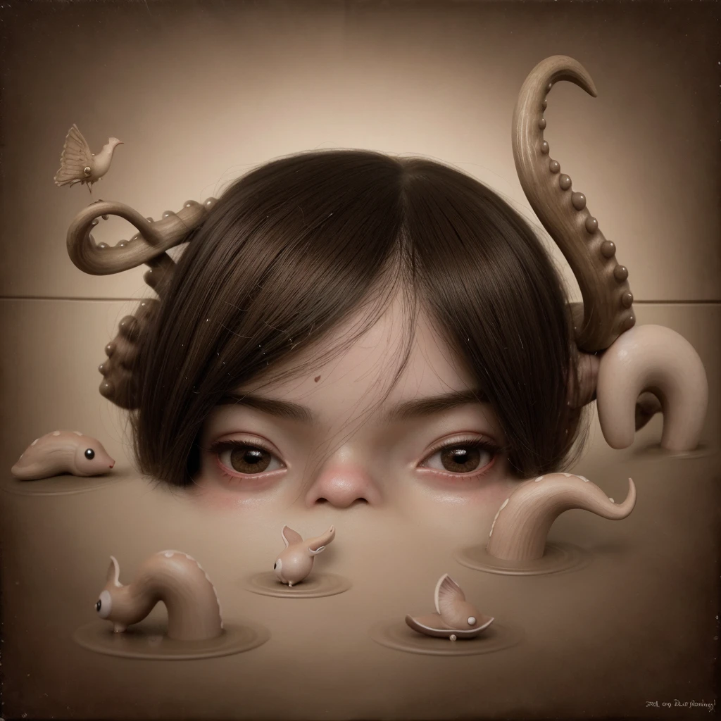 Painting of a girl with deer antlers on her head, Estilo Mark Ryden, Mark Ryden muy detallado, Estilo de Mark Ryden, Naoto Hattori, Surrealismo pop lowbrow, Mark Ryden en el estilo de, benjamin lacombe,  Earley, Surrealismo pop Lowbrow Art Style, Arte lowbrow, por Mark Ryden,  cute and beautiful, wearing cap, more details, amazing