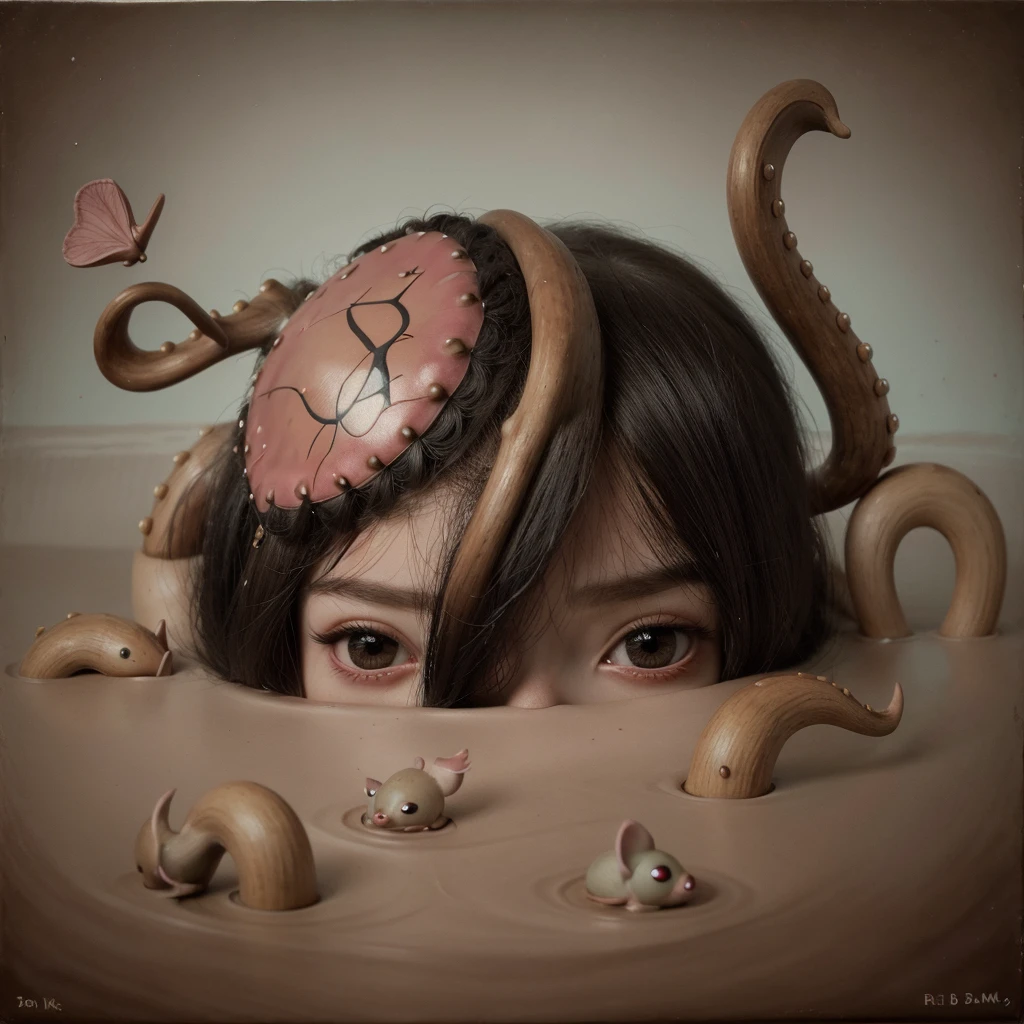 Painting of a girl with deer antlers on her head, Estilo Mark Ryden, Mark Ryden muy detallado, Estilo de Mark Ryden, Naoto Hattori, Surrealismo pop lowbrow, Mark Ryden en el estilo de, benjamin lacombe, Earley, Surrealismo pop Lowbrow Art Style, Arte lowbrow, por Mark Ryden, cute and beautiful, wearing cap, more details, amazing