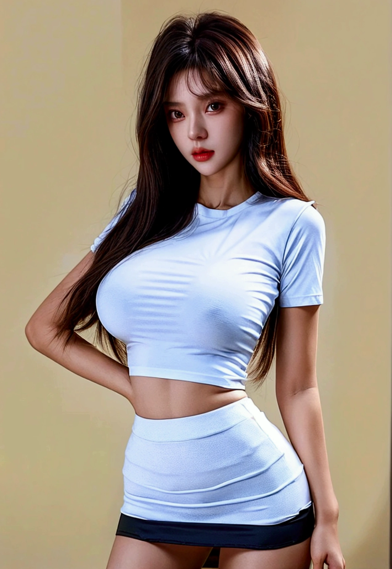 ((mid night, top-quality, 8K, masterpiece:1.3)), full bodyesbian, long legged, (sharp focus:1.2), (Beautiful woman with perfect body shape:1.4),(Slender Abs:1.1), ((dark brown hair, huge tit:1.2)), (white tight t-shirt, Tight skinny Ultra short skirt is standing:1.2), Highly detailed facial and skin texture, A detailed eye, double eyelid