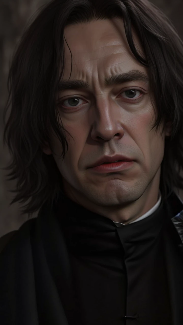 Snape from harry Potter holding a black cape in oil painting style.