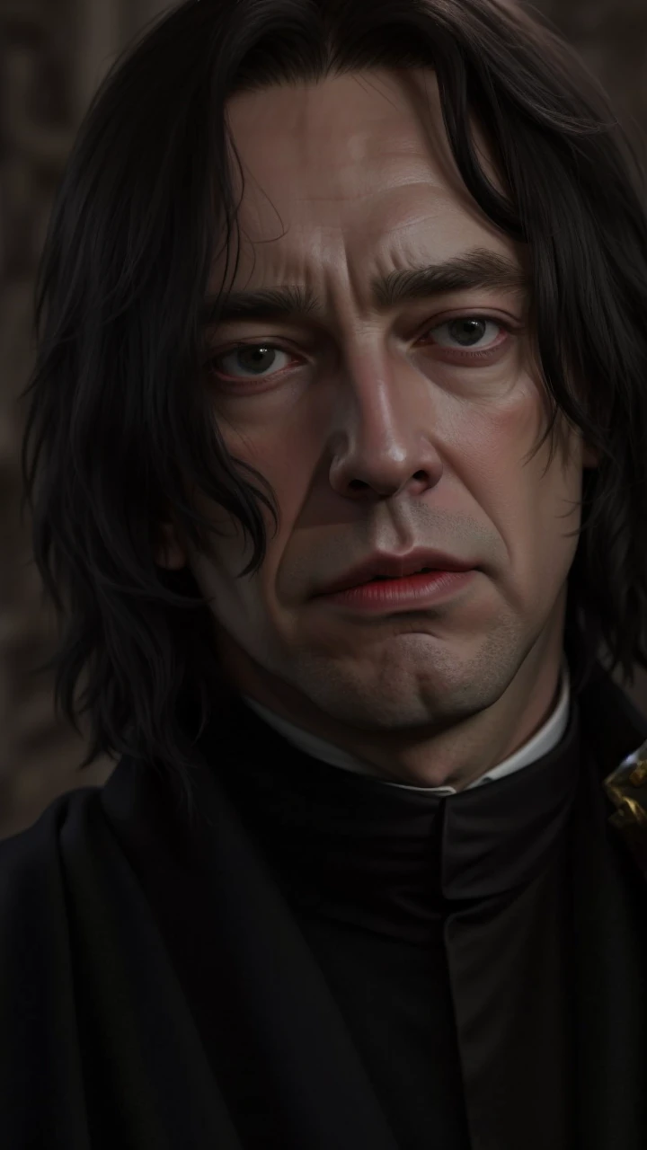 Snape from harry Potter holding a black cape in oil painting style.