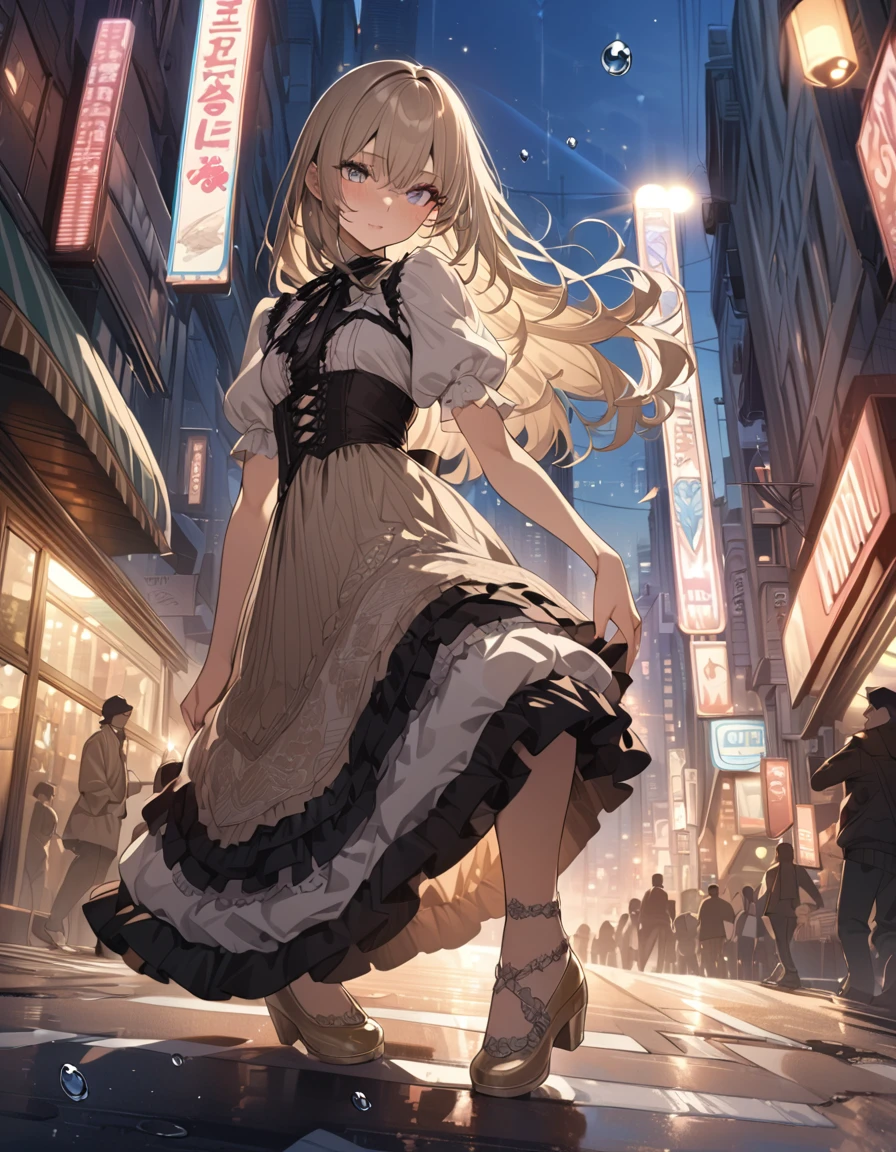 one beautifu girl breakdancing on the street,long straight gold ash hair,wearing Lolita fashion,(masterpiece), (best quality), (ultra-detailed), (illustration), (detailed light),(an extremely delicate and beautiful),(beautiful details eyes),city streets, city lights, water drops flying around her.natural light, wide angle shot, and high quality photo.