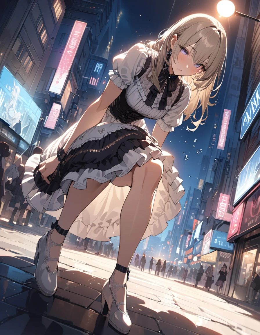one beautifu girl breakdancing on the street,long straight gold ash hair,wearing Lolita fashion,(masterpiece), (best quality), (ultra-detailed), (illustration), (detailed light),(an extremely delicate and beautiful),(beautiful details eyes),city streets, city lights, water drops flying around her.natural light, wide angle shot, and high quality photo.