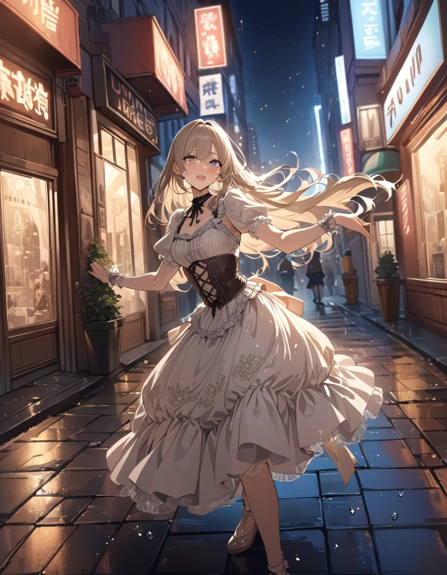 one beautifu girl breakdancing on the street,long straight gold ash hair,wearing Lolita fashion,(masterpiece), (best quality), (ultra-detailed), (illustration), (detailed light),(an extremely delicate and beautiful),(beautiful details eyes),city streets, city lights, water drops flying around her.natural light, wide angle shot, and high quality photo.