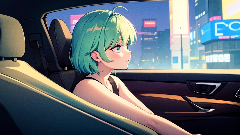 Create an image from the angle inside a car, showing a woman with a thoughtful expression on her face as she gazes out of the side window at the cityscape. The city outside should be visible, illuminated by streetlights and neon signs. Use soft, pastel colors and subtle gradients to capture a dreamy, reflective atmosphere. Ensure the interior of the car feels cozy and comfortable, adding to the overall serene vibe.窓の外を見ている。