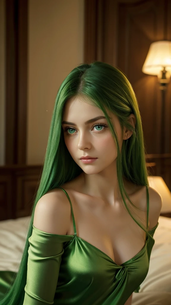 a European girl. face sent feeling. Europe. Oval face. long face. delicate facial features. sad eyes. seductively seductive. green eyes. long straight hair. green hair. sad expression. green silk nightgown. shy stance. straight face