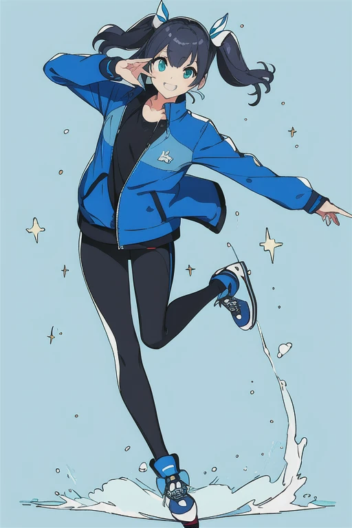 An anime picture, a perfect body, full body, snow background, a princess with twin tails (cyan color), hair ornament, light blue jacket, long sleeves, black leggings, ice skating shoes, and black leggings. ice skating