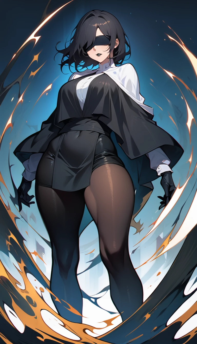 (high quality, 8k, 4K, high contrast, artwork:1.2, high quality, best aesthetics), (centered), ((1 woman)), erotic, sensual, mature body, super detailed, beautiful face detailed, detailed beautiful mouth, perfect breats, perfect wide thighs, (short straight black hair), (black lipstick), (sadistic expression), (black blindfold), (eyes covered by a black blindfold), (blindfolded), (plain white shirt), (black leggings), (long black poncho), (black gloves), (standing), (looking at viewer), (front view).