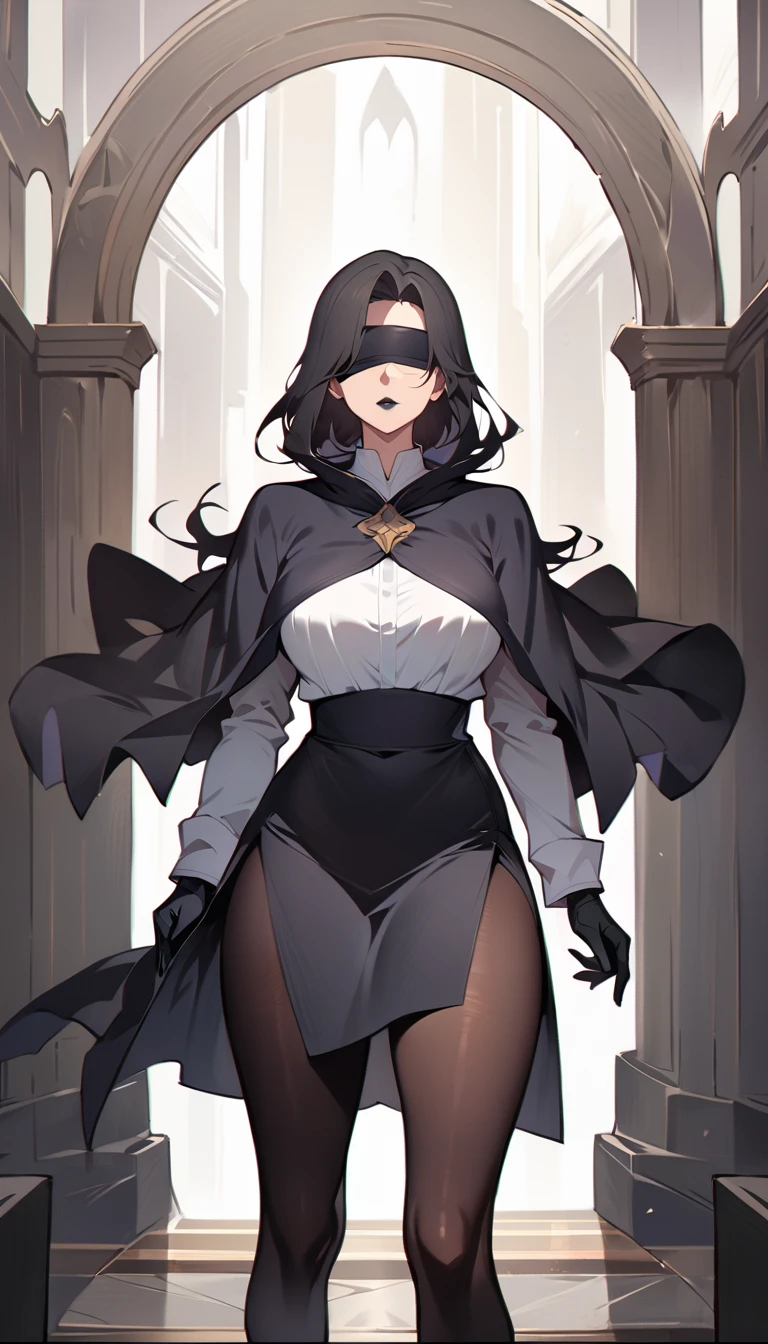 (high quality, 8k, 4K, high contrast, artwork:1.2, high quality, best aesthetics), (centered), ((1 woman)), erotic, sensual, mature body, super detailed, beautiful face detailed, detailed beautiful mouth, perfect breats, perfect wide thighs, (short straight black hair), (black lipstick), (sadistic expression), (black blindfold), (eyes covered by a black blindfold), (blindfolded), (plain white shirt), (black leggings), (long black poncho), (black gloves), (standing), (looking at viewer), (front view).