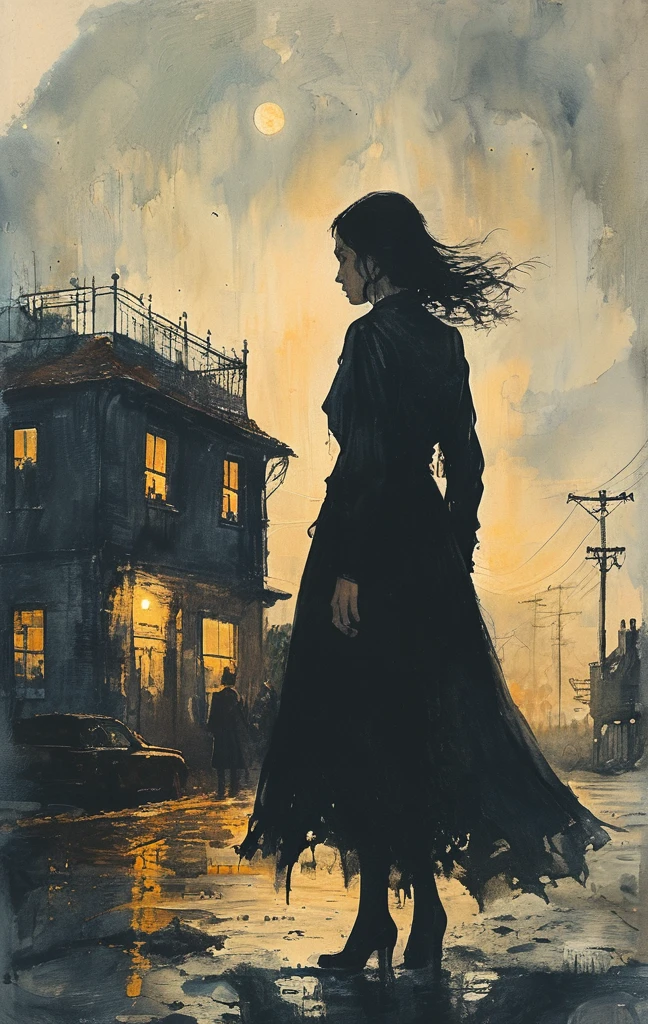 A woman walks in the pitch-dark streets, drooping her head as if in the depths of despair, The woman in despair is suddenly illuminated by the headlights of an intensely bright car and the world is instantly illuminated in a bright white light