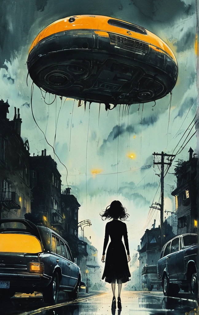 A woman walks in the pitch-dark streets, drooping her head as if in the depths of despair, The woman in despair is suddenly illuminated by the headlights of an intensely bright car and the world is instantly illuminated in a bright white light