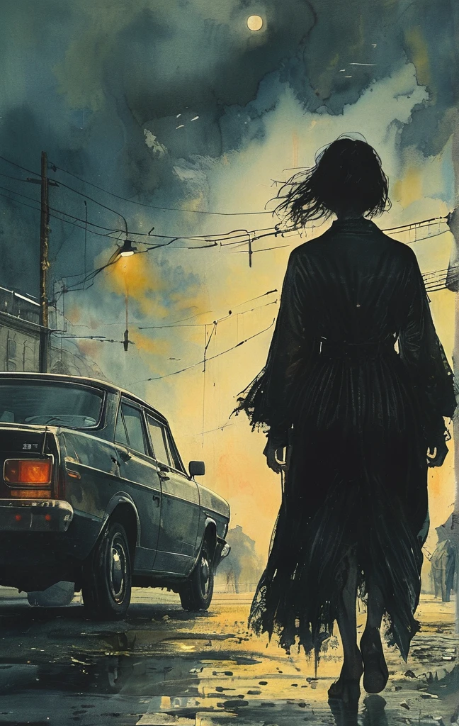 A woman walks in the pitch-dark streets, drooping her head as if in the depths of despair, The woman in despair is suddenly illuminated by the headlights of an intensely bright car and the world is instantly illuminated in a bright white light