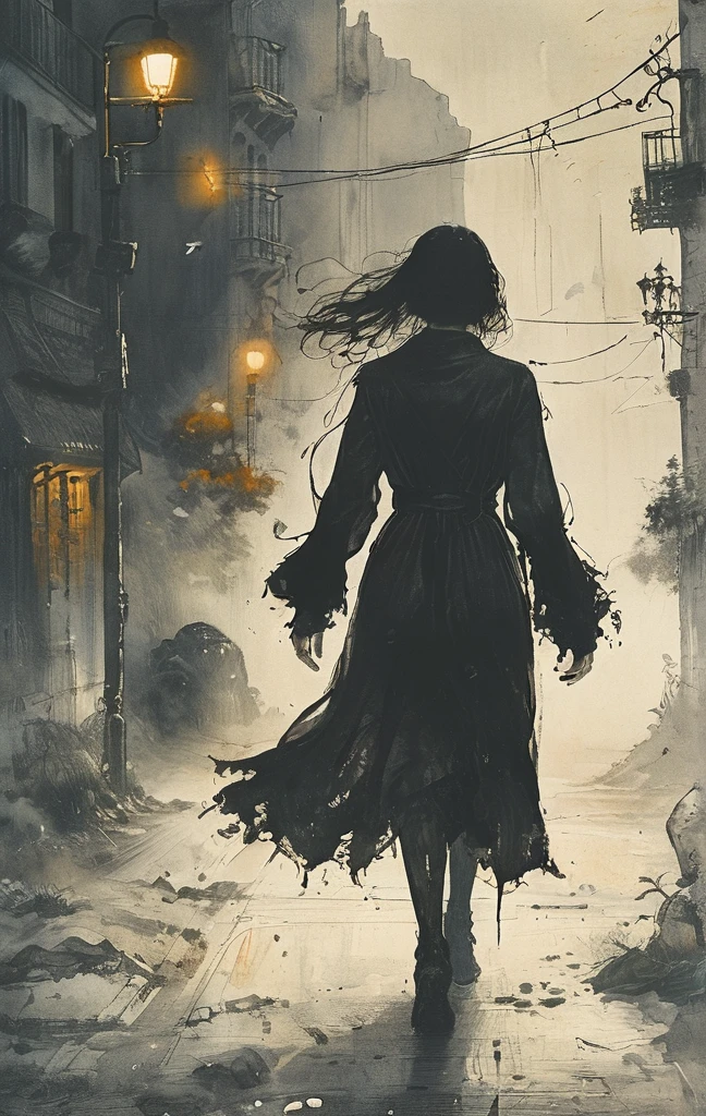 A woman walks in the pitch-dark streets, drooping her head as if in the depths of despair, The woman in despair is suddenly illuminated by the headlights of an intensely bright car and the world is instantly illuminated in a bright white light