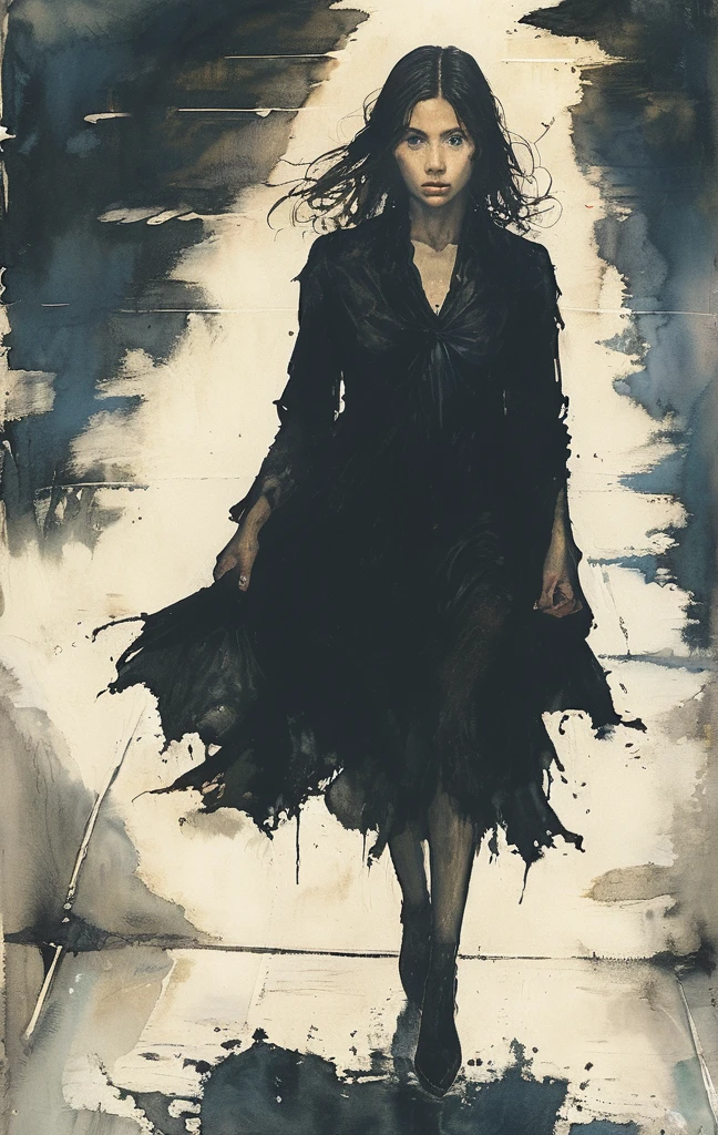 A woman walks in the pitch-dark streets, drooping her head as if in the depths of despair, The woman in despair is suddenly illuminated by the headlights of an intensely bright car and the world is instantly illuminated in a bright white light