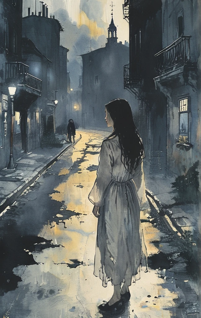 A woman walks in the pitch-dark streets, drooping her head as if in the depths of despair, The woman in despair is suddenly illuminated by the headlights of an intensely bright car and the world is instantly illuminated in a bright white light