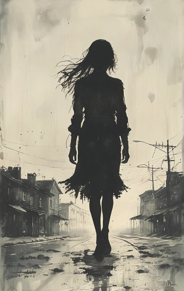 A woman walks in the pitch-dark streets, drooping her head as if in the depths of despair, The woman in despair is suddenly illuminated by the headlights of an intensely bright car and the world is instantly illuminated in a bright white light