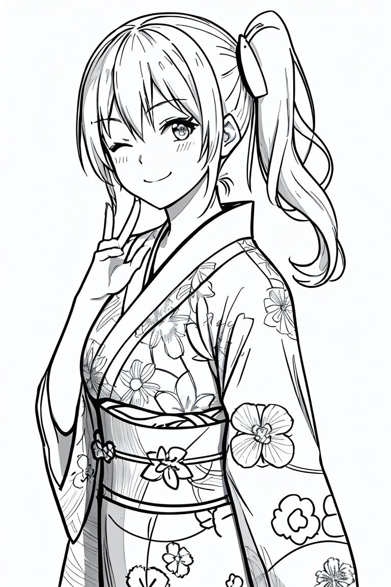masterpiece,, One Girl, alone, short, White Background, Monochrome, Line art, ((sketch))、look forward to、Wear a yukata、I'm tying my hair、smile、Wave your right hand、Side Ponytail、Wink、I have one eye closed、It's five fingers