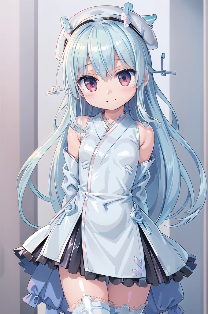 1girl,solo,cowboy shot,standing,(pastel blue hair:1.4),long hair, straight hair,hair_rings, half_updo,(red eyes:1.3),(beautiful fingers:1.4),(perfect anatomy:1.4),(arms_behind_back:1.6),(cold_shoulder:1.2),BREAK,(pastel blue kimono dress:1.6),(pastel blue leotard:1.4),(lace glossy silk lamé:1.4),(latex luster shiny glossy:1.6),(shiny_clothes:1.6),small breasts,beautiful breasts,masterpiece,best quality,(Ultra high definition eyes:1.2),8k,(Beautiful detailed eyes:1.2),(Fine and beautiful eyes:1.2),(pretty eyes:1.2),finely detail,extremely CG, absurdres,high resolution,illustration,Detailed and beautiful outlines,finely detail,high resolution,(colorful refraction:1.4,Increase saturation:1.2),beautiful lighting,dynamic lighting,closed room,black background,simple background, smile,looking at viewer,8620Default,armband,pastel blue_headwear,cropped_jacket,long_sleeves,pastel blue_jacket,peaked_cap,white_ascot,white_gloves,open_jacket,(pastel blue thigh boots:1.4) 