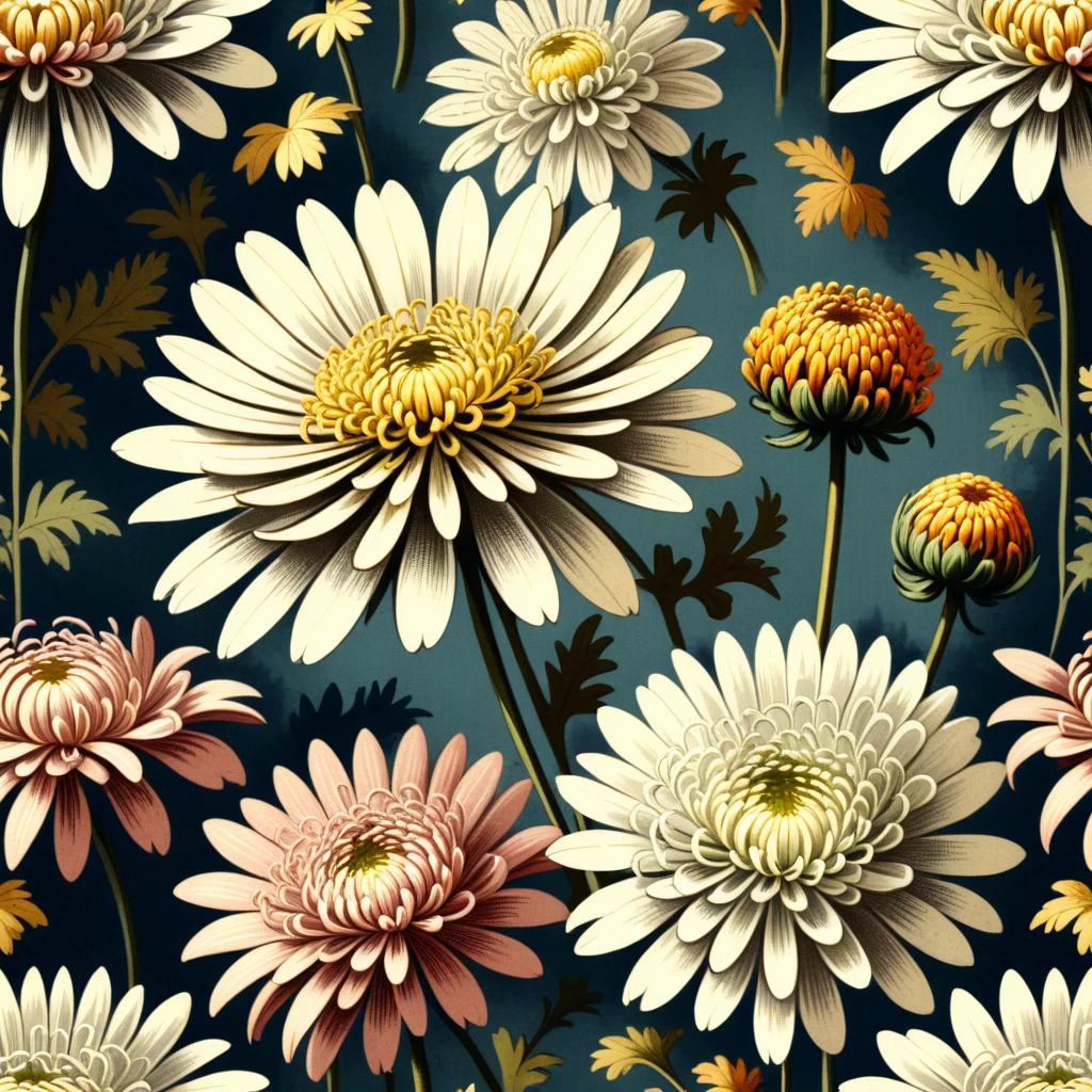 Crazy, Floral, chrysanthemum, Vintage, nature, Layered, depth