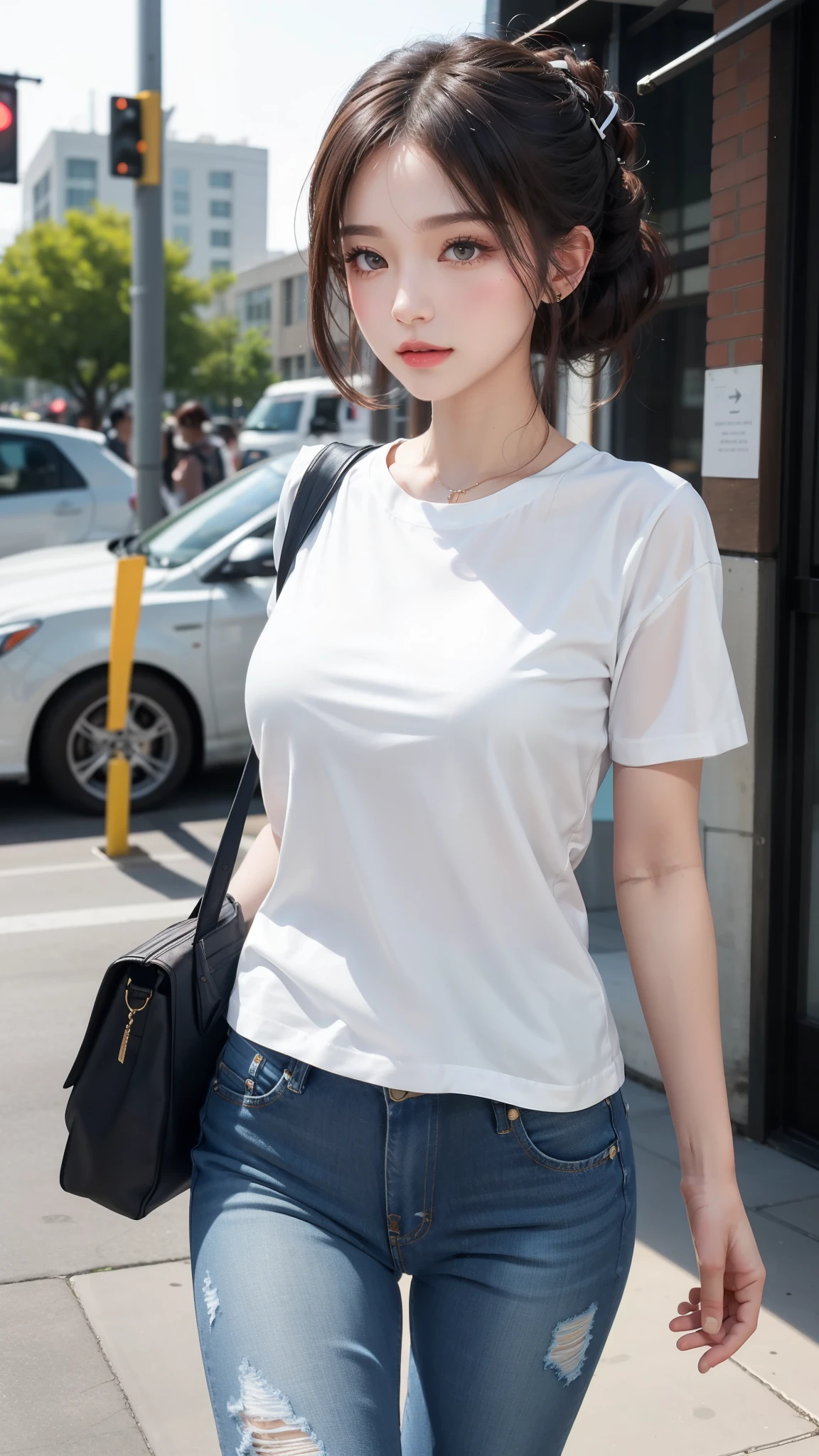 A classic white tee and distressed jeans look.、A single woman who exudes confidence and effortless style(1 Female)A masterpiece that captures the essence of(quality:1.2)。Her minimalist makeup style highlights her natural beauty..、Her messy hairstyle lends a casual charm。The scene was、Located in the vibrant surroundings of music festivals and the trendy downtown district。photograph、In its highest quality resolution、beautiful, Modern and easygoing encapsulation