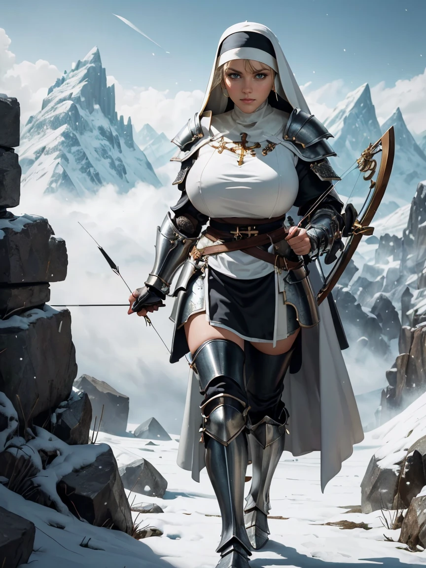 (masterpiece, top quality, best quality, official art, beautiful and aesthetic:1.2), (1girl:1.3), ((Sharp  features, sharp features, hawkish features)), ((grey eyes)), busty in knight girl, extremely detailed, portrait, looking at viewer, solo, (full body:0.6), detailed background, full-body shot, (cold mountain nighttime gier theme:1.1), holy knight, (nun), charlatan, smirk, mysterious, swaying in mountains, armor, polished metal, gold trim, long boots, white fabric, pelvic curtain, robe, pale leather, ((((nun, crossbow, heavy armor, armored, long legs, robes, prayer ls, toned, muscular)))), slim waist, slim hips, long legs, medieval (mountain exterior:1.1) background, dark mysterious lighting, shadows, magical atmosphere, dutch angle