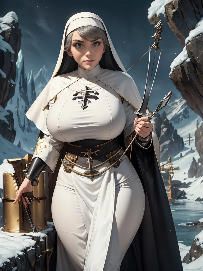 (masterpiece, top quality, best quality, official art, beautiful and aesthetic:1.2), (1girl:1.3), ((Sharp facial features, sharp features, hawkish features)), ((grey eyes)), busty paladin knight girl, extremely detailed, portrait, looking at viewer, solo, (full body:0.6), detailed background, full-body shot, (cold mountain nighttime glacier theme:1.1), holy knight, (nun), charlatan, smirk, mysterious, swaying in mountains, armor, polished metal, gold trim, long boots, white fabric, pelvic curtain, robe, pale leather, ((((nun, crossbow, heavy armor, armored, long legs, robes, prayer scrolls, toned, muscular)))), slim waist, slim hips, long legs, medieval (mountain exterior:1.1) background, dark mysterious lighting, shadows, magical atmosphere, dutch angle