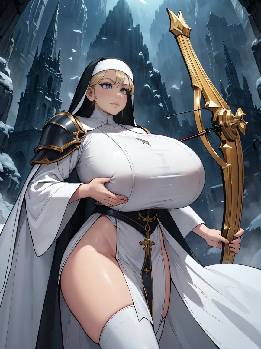 (masterpiece, top quality, best quality, official art, beautiful and aesthetic:1.2), (1girl:1.3), ((Sharp facial features, sharp features, hawkish features)), ((grey eyes)), busty paladin knight girl, extremely detailed, portrait, looking at viewer, solo, (full body:0.6), detailed background, full-body shot, (cold mountain nighttime glacier theme:1.1), holy knight, (nun), charlatan, smirk, mysterious, swaying in mountains, armor, polished metal, gold trim, long boots, white fabric, pelvic curtain, robe, pale leather, ((((nun, crossbow, heavy armor, armored, long legs, robes, prayer scrolls, toned, muscular)))), slim waist, slim hips, long legs, medieval (mountain exterior:1.1) background, dark mysterious lighting, shadows, magical atmosphere, dutch angle