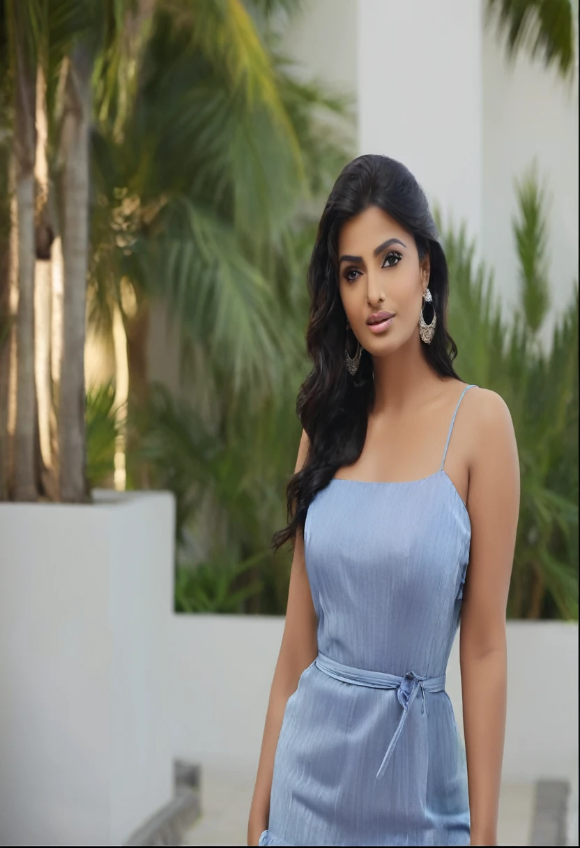 araffe woman in a blue dress posing for a picture, tanned ameera al taweel, actress, solo photoshoot, light blue dress portrait, jayison devadas, portait image, stunning elegant pose, high res, in blue dress, photoshoot, ameera al taweel, casual pose, medium head to shoulder shot, wearing blue dress