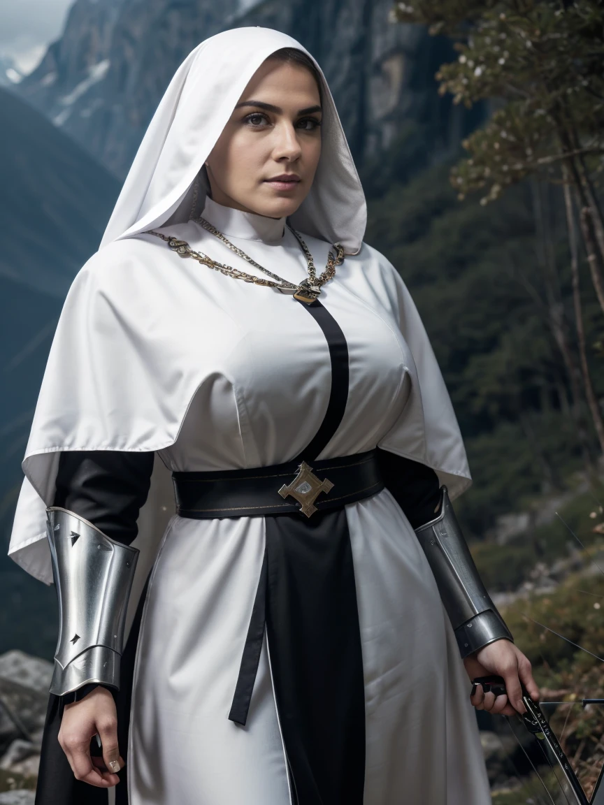 (masterpiece, top quality, best quality, official art, beautiful and aesthetic:1.2), (1girl:1.3), ((Sharp facial features, sharp features, hawkish features)), ((grey eyes)), busty paladin knight girl, extremely detailed, portrait, looking at viewer, solo, (full body:0.6), detailed background, full-body shot, (cold mountain nighttime glacier theme:1.1), holy knight, (nun), charlatan, smirk, mysterious, swaying in mountains, armor, polished metal, gold trim, long boots, white fabric, pelvic curtain, robe, pale leather, ((((nun, crossbow, heavy armor, armored, long legs, robes, prayer scrolls, toned, muscular)))), slim waist, slim hips, long legs, medieval (mountain exterior:1.1) background, dark mysterious lighting, shadows, magical atmosphere, dutch angle