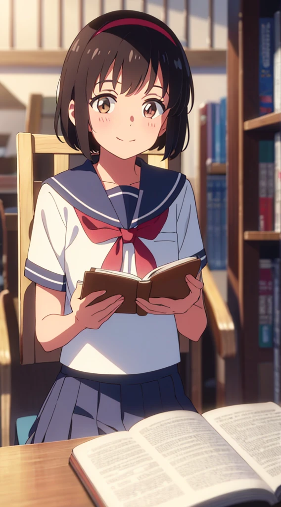 highest quality, masterpiece, shinkai makoto, kimi no na wa., 1 girl, bangs, black hair, blush, brown eyes, sailor collar, blue sailor collar, sailor color, white sailor color, serafuku, looking at the viewer, red bow, red headband, red ribbon, , short hair, Upper body, smile, cute, alone, shirt, blue skirt, pleated skirt, short sleeve, smile, sitting in a chair, library, reading a book