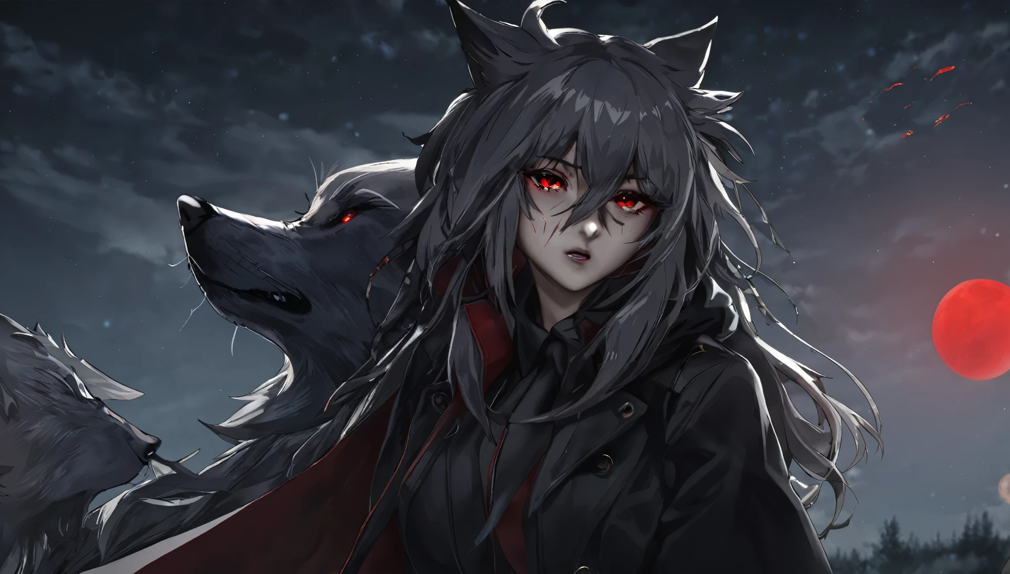 ((Wolf Girl)), ((Wolf)), Black Coat, ((Red Eyes)), ((Possessive)), ((Long Tail)), Angry, Scars, Night, Moon, HD, High Resolution, 4K