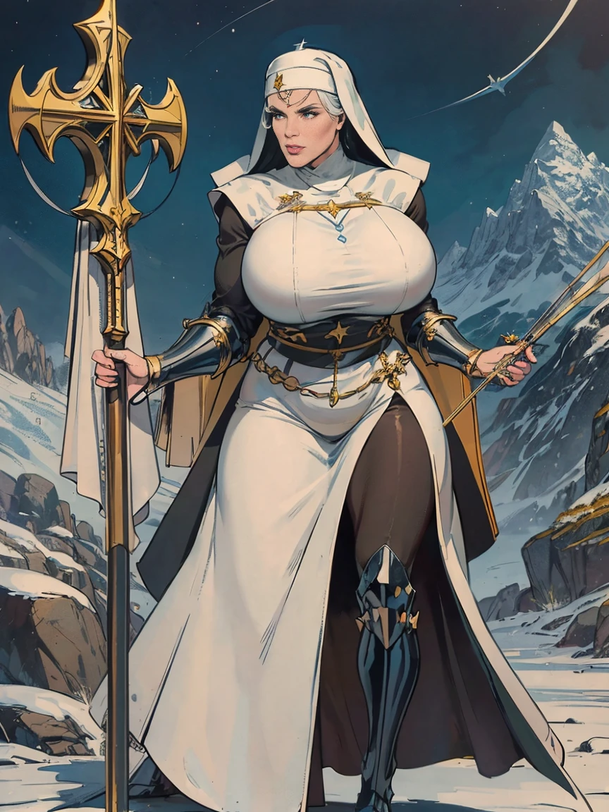 (masterpiece, top quality, best quality, official art, beautiful and aesthetic:1.2), (1girl:1.3), ((Sharp facial features, sharp features, hawkish features)), ((grey eyes)), busty paladin knight girl, extremely detailed, portrait, looking at viewer, solo, (full body:0.6), detailed background, full-body shot, (cold mountain nighttime glacier theme:1.1), holy knight, (nun), charlatan, smirk, mysterious, swaying in mountains, armor, polished metal, gold trim, long boots, white fabric, pelvic curtain, robe, pale leather, ((((nun, crossbow, heavy armor, armored, long legs, robes, prayer scrolls, toned, muscular)))), slim waist, slim hips, long legs, medieval (mountain exterior:1.1) background, dark mysterious lighting, shadows, magical atmosphere, dutch angle