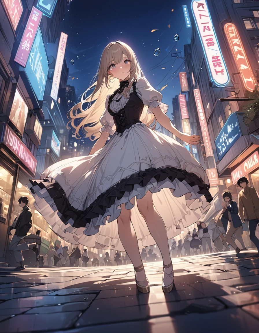 one beautifu girl breakdancing on the street,long straight gold ash hair,wearing Lolita fashion,(masterpiece), (best quality), (ultra-detailed), (illustration), (detailed light),(an extremely delicate and beautiful),(beautiful details eyes),city streets, city lights, water drops flying around her.natural light, wide angle shot, and high quality photo.