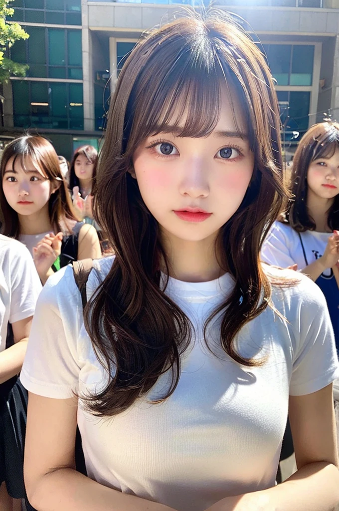 masterpiece、Flat Color、Depth of written boundary、Lens Flare 1 Girl、Brown Hair、Staring at the audience、bulging big breasts、Japanese 、Japanese high school students、Small face、bangs over eyeouse-colored eyes