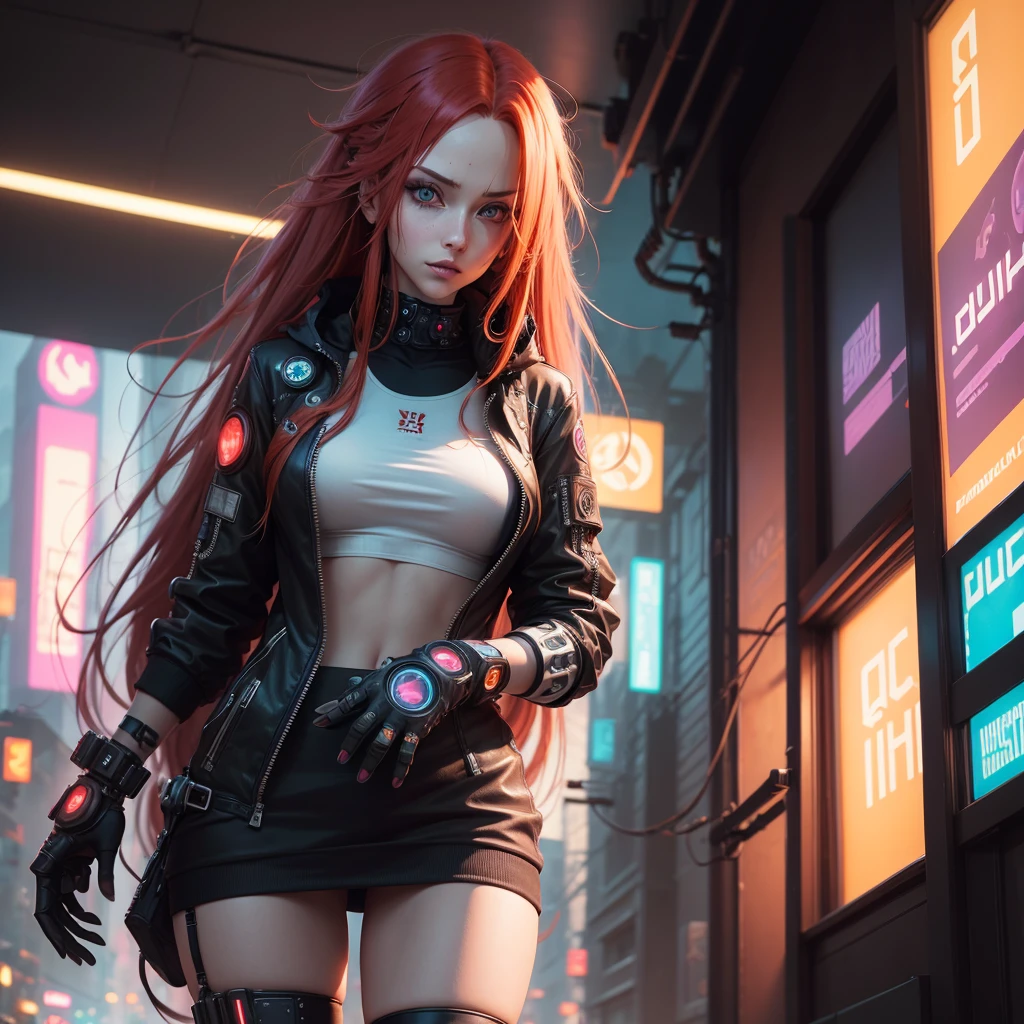 ((high qualiy)), ((cyberpunk)), woman with long red hair, Caucasian skin, eyes browns