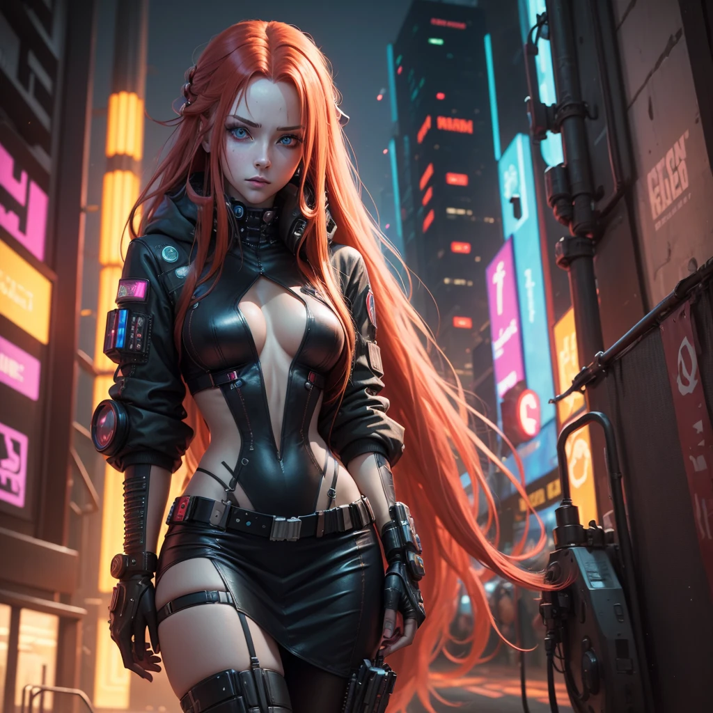 ((high qualiy)), ((cyberpunk)), woman with long red hair, Caucasian skin, eyes browns