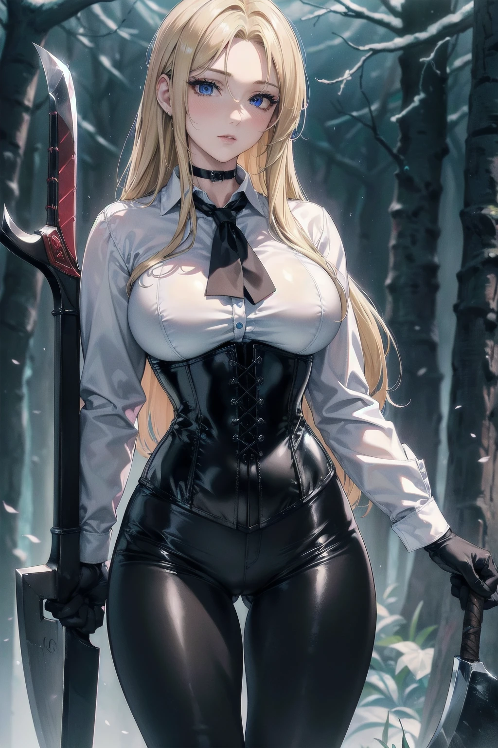 Masterpiece, Superior image quality, high resolution, 4k image,photo and gross, photorealistic, whole body, distant view, ung man of 15 years, {{{vagina}}}, big breasts, beautiful face, Long blonde hair, blue eyes, very detailed eyes, pink cheeks, shy expression, choker:1.6, (white collar button down long sleeve shirt), black gloves, gloves that cover hands, (holding an ax in the right hand), (black leather corset), (shiny black leggings), Sensual Lips, show details in the eyes, View from the front, looking at the viewer, dark forest path, evening, Atmosphere, fog