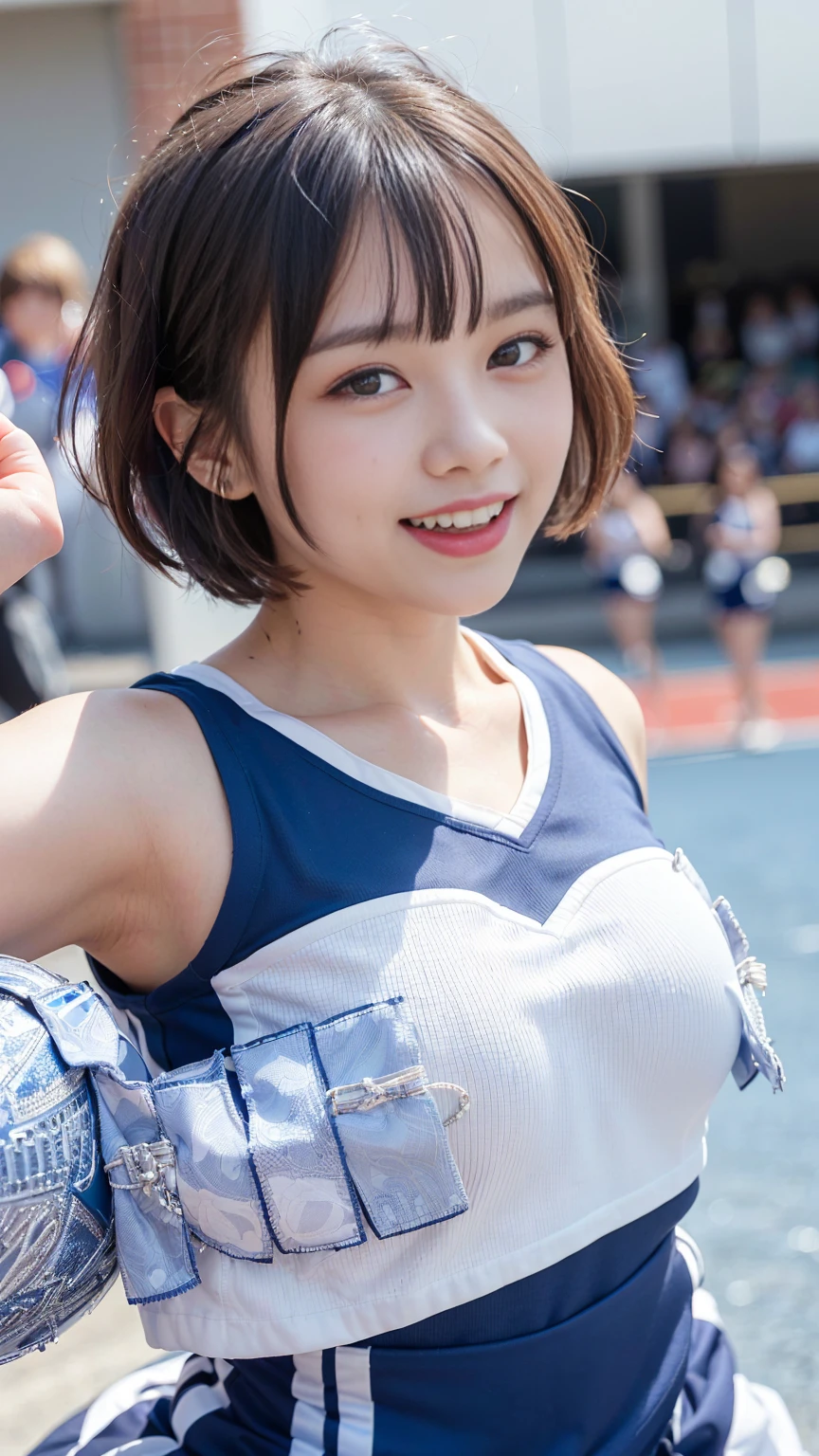 masterpiece, ultra detailed, ultra high res, (photorealistic:1.4), 8k, RAW photo, best quality, detailed shadow, sharp focus, bloom, (bokeh:1.3), (blue Hour Light:1.6), (acrobatic pose:1.5), (cowboy shot:1.3), (close up:1.5), (looking at viewer:1.2),
break
1girl, (big laugh:1.5), (open mouth:1.4), (light brown hair:1), (wavy hair:1.6), (short bob cut:1.5), (bangs:1), (small breasts:1), (perfect face:1.4), super detailed beautiful skin, (abs:0.7), (round face:1.5), (wide forehead:1.25), (skinny:1.2), (fair skin:1.5), (transparent skin:1.5),(Japanese idle:1.5), ( face:1),
(detailed and structured patterns:1.6), (18 years old:1.5), (cheerleade:1.6), (Skirt-style-cheerleade:1.6), (latex:1.2,
(outdoor:1.2)